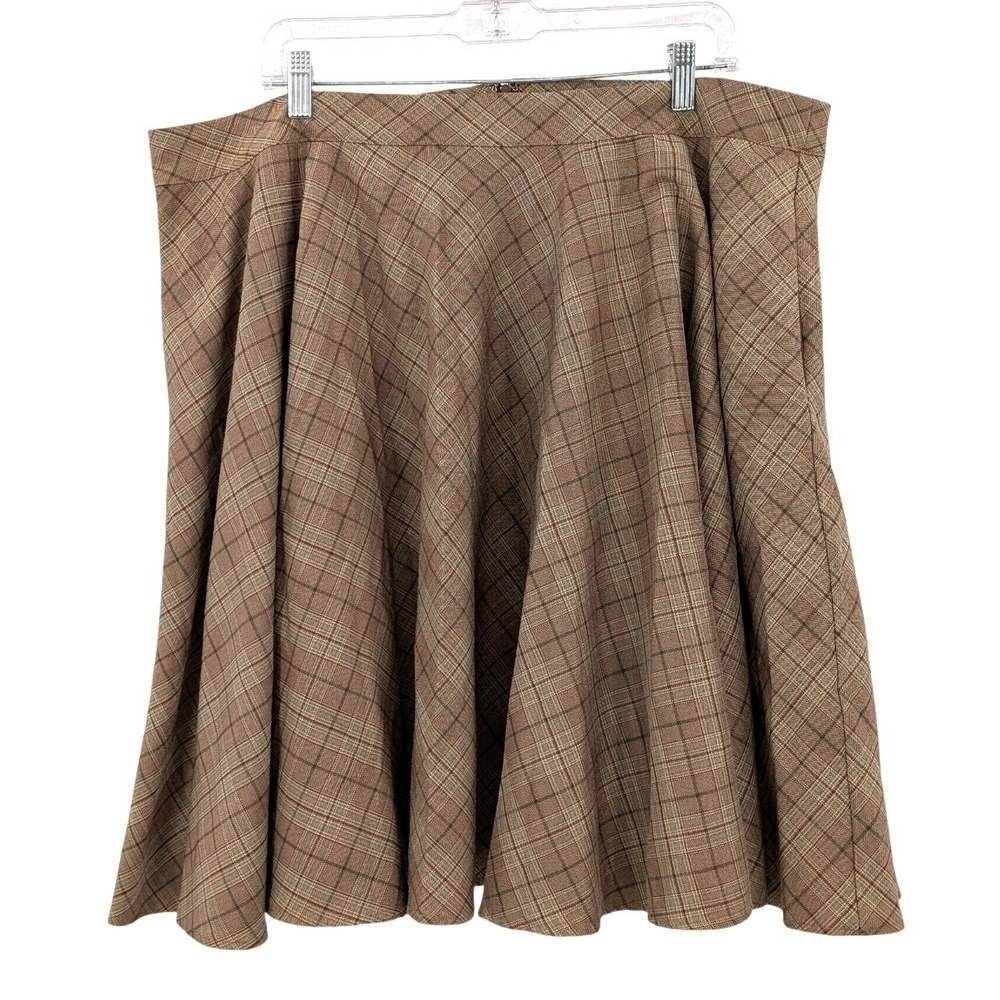 Plaid Circle Skirt Womens 2X Brown Midi Full Swing Pockets Academia Cottagecore